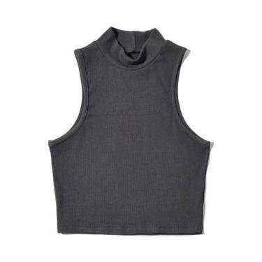 Imagem de Verão preto moda feminina colheita topo gola alta branco sem mangas re