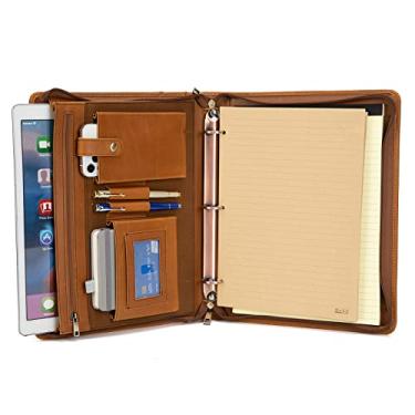 Imagem de Carteira de couro profissional para negócios, fichário com 3 anéis, pasta organizadora de documentos de negócios com zíper, para tablet, com bloco de notas tamanho carta (marrom padrão)