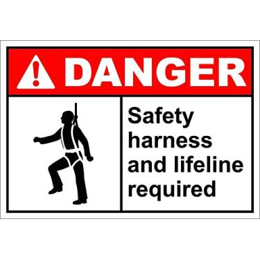 Imagem de Sinal de aviso arnês de segurança e linha de vida necessária sinal de perigo sinal de negócios 30 x 20 centímetros placa de alumínio metal estanho