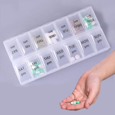 Imagem de Organizador de comprimidos semanal compacto com 14 compartimentos com tampas independentes para dosagem de comprimidos portátil de viagem da manhã da tarde