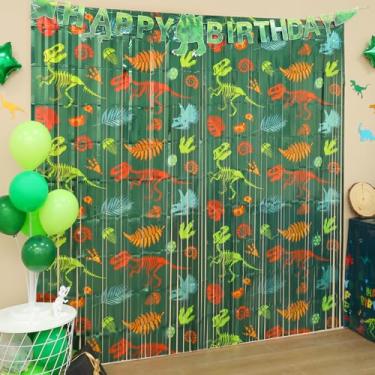 Imagem de Menstarsi Suprimentos de festa de aniversário, pacote com 2 cortinas de franja de folha com padrão de dinossauro, adereço de cabine de fotos, cenário de fotos, serpentinas para decorações de festa de