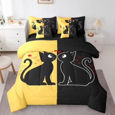 Imagem de Jogo de edredom solteiro fofo de gato preto com lençol (amarelo e preto) | Jogo de cama de 7 peças para casais amantes, romântico, gatos kawaii, animais de estimação