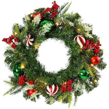 Imagem de MUMTOP Guirlandas de Natal para porta da frente, guirlanda de Natal artificial pré-iluminada com luz LED e frutas vermelhas doces decorações de bola de Natal para decoração de parede de janela interna