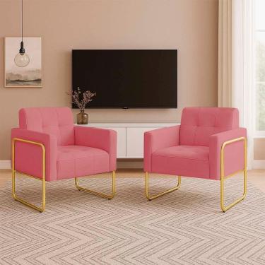 Imagem de Poltrona Sala Industrial Alta Tubo Dourado Kit 2 Elisa Suede D03 - D'rossi Cor Rose