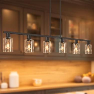 Imagem de Luminária de sala de jantar sobre mesa, iluminação preta de ilha de cozinha com 6 luzes com persiana de vidro e hastes ajustáveis, lustre linear de fazenda para cozinha, sala de estar, canto de café