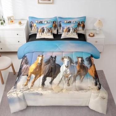 Imagem de Erosebridal Jogo de cama queen com cavalo e cavalos selvagens, rústica, de animais de fazenda, para crianças, meninos e adolescentes, conjunto de edredom com estampa de caubói ocidental