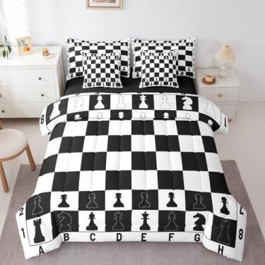 Imagem de Jogo de cama quadriculado em uma bolsa, 7 peças, jogo de cama de xadrez moderno internacional, xadrez, xadrez, geométrico, quadriculado, preto e branco, edredom com elástico, lençol de cima, fronha