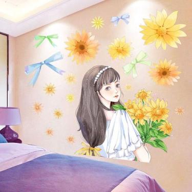 Imagem de Adesivos de parede Girassol e Bow Girl com flores 45x60cm PVC - yiweis
