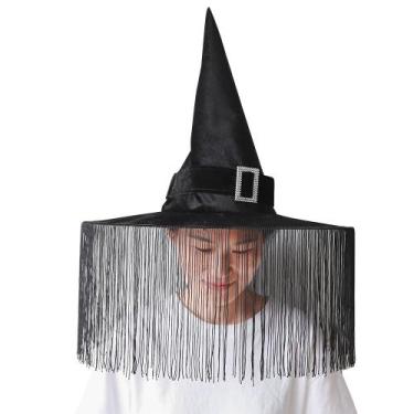 Imagem de Chapéu de bruxa de cetim preto com franja longa para adultos - yiweisa