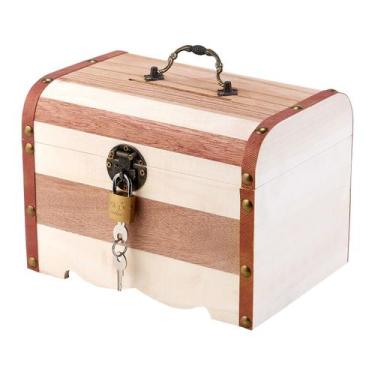 Imagem de Baú de poupança de madeira grande com moeda de armazenamento listrada 
