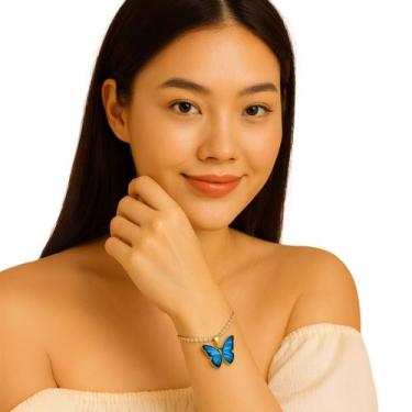 Imagem de Pulseira Dourada Feminina Borboleta Azul com Strass Luxo - - anjo da m
