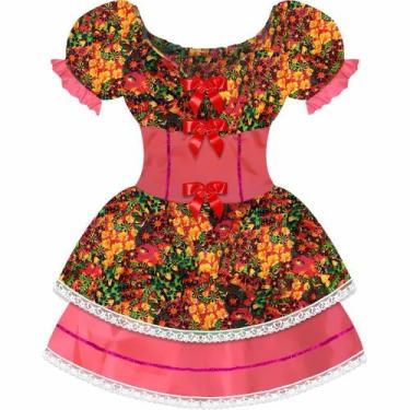 Imagem de Vestido Festa Junina Ciganinha Colorida Arraia 2023 Pink e Laranja - F