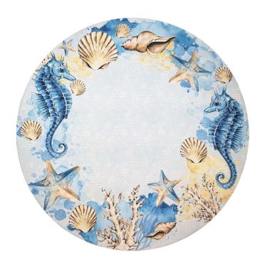 Imagem de Kit 4 Capas para Sousplat Ring Cavalo Marinho 35cmx35cm Reutilizáveis em Poliéster Azul Maison Charlo