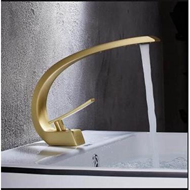 Imagem de Torneira de lavatório torneira misturadora de banheiro preto/ouro torneira de lavatório de alça única torneira de cachoeira quente e fria, ouro escovado, china