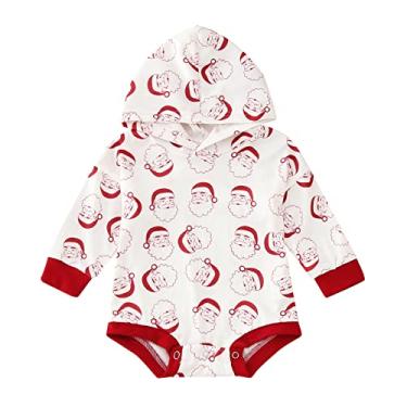 Imagem de Macacão infantil para meninos e meninas de Natal manga comprida com capuz com estampa de Papai Noel para recém-nascidos e meninas, Branco, 6-12 Meses