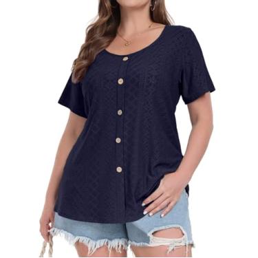 Imagem de MONNURO Camiseta feminina plus size manga curta botão plissado cor sólida túnica top, Azul-marinho, 5X