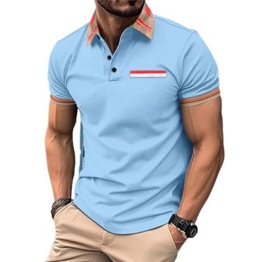 Imagem de BoShiNuo Camiseta masculina de verão com lapela casual esportiva manga curta com bolso falso para homens, Azul bebê, PP