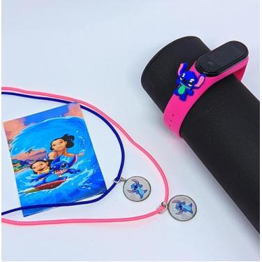 Imagem de Kit Relógio Infantil Digital Led Silicone Desenho Lilo e Stitch 3D + C