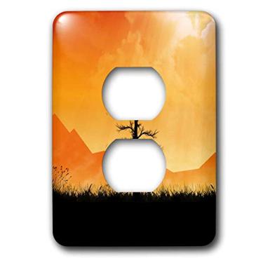 Imagem de 3dRose lsp_20500_6 Silhueta de árvore iluminada pelo sol de árvore sem folhas sozinha no campo com montanhas e cobertura de tomada de 2 plugues do horizonte ensolarado