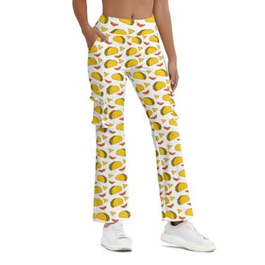 Imagem de Balicaton Calça feminina de ioga elástica com boca de sino elástica casual com bolsos, Taco branco, XXG