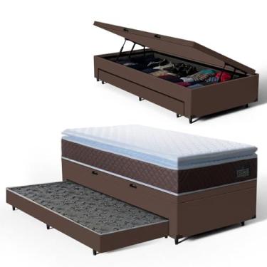 Imagem de Bicama com Box Baú Solteiro + Colchão de Espuma D33 Pillow Top Comfort Luxo + Auxiliar Unique 88cm (Marrom)