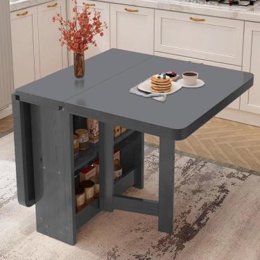 Imagem de Mesa de cozinha dobrável de madeira maciça com folha de queda e rack de armazenamento de camada dupla versátil mesa de jantar dobrável mesa de escritório e mesa de jantar de extensão em 3 formas Sup