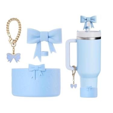 Imagem de AXMCCH Tampa de garrafa de silicone de 7,5 cm e topo de canudo em forma de laço de 10 mm para copo Stanley de 340 a 1,134 g (3 peças azuis)