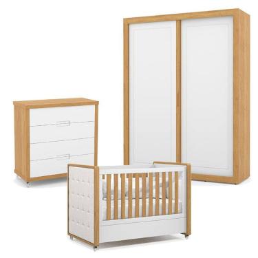 Imagem de Quarto de Bebe 2 Portas Tutto New com Capitonê New Boucle e Gaveteiro Freijó Branco Acetinado - Matic