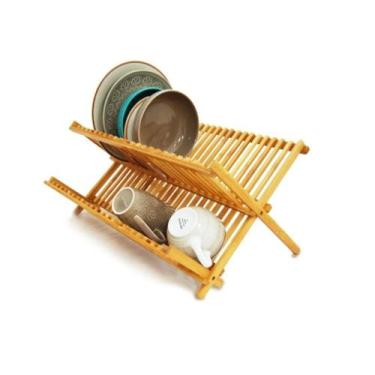 Imagem de Escorredor de Pratos Dobrável em Bambu 2 Níveis para Cozinha, Resisten