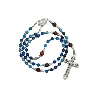 Imagem de Intercession Terço de pedra preciosa multicolorida feito à mão – contas de oração católica de pedra natural com crucifixo de prata ornamentado e centro, Medium, Liga de aço, Sem Pedra Preciosa