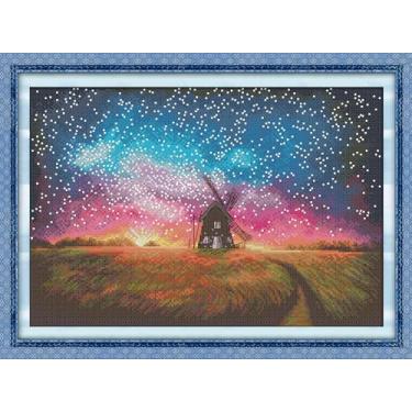 Imagem de Benway Kit de ponto cruz estampado com 11 unidades, conjunto de ponto cruz, presentes para mãe, kit de bordado, decoração de parede, moinho de vento e pôr do sol