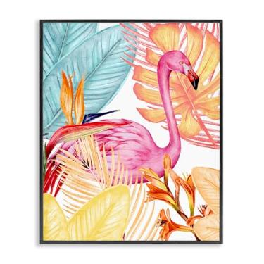Imagem de Stupell Industries Flamingo & Tropical Flora Preta Emoldurada Giclée Design de Arte por Kim Allen, 11 x 14