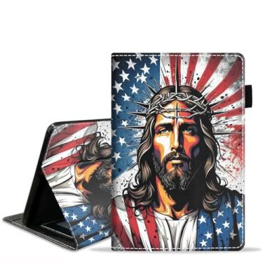 Imagem de JDHJFBFJNP Capa para tablet Amazon Fire HD 8/HD 8 Plus (12ª/10ª geração, versão 2024/2022/2020), capa flip de couro PU com compartimento para cartão e porta-lápis, bandeira americana cristão Jesus