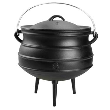 Imagem de Caldeirão de ferro fundido de 14 litros com tampa, tripé resistente, cabo de metal, pré-temperado, panela de fogueira estilo sul-africano para uso ao ar livre