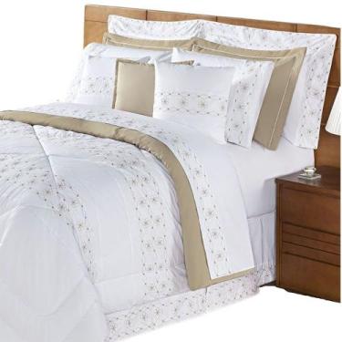 Imagem de Kit Edredom Queen Dupla Face Bordado 200 Fios 8 Peças Branco e Bege Co