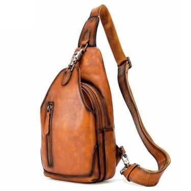 Imagem de Myunxui Bolsa tiracolo de couro genuíno para homens e mulheres mochila de ombro bolsa transversal casual ao ar livre, nº 70 marrom