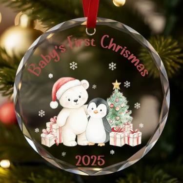 Imagem de Primeiro enfeite de Natal do bebê 2025 - Enfeite de cristal brilhante para pendurar no primeiro Natal do bebê para presente de lembrança de recém-nascido - urso polar e pinguins