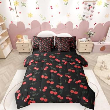 Imagem de Erosebridal Conjunto de edredom de 7 peças para meninas, solteiro, preto e vermelho, frutas kawaii, moderno, decoração de quarto