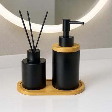 Imagem de Kit Banheiro Cerâmica 2 Peças - Porta Sabonete Líquido e Porta Escova para Decoração Lavabo(PRETO DIFUSOR LISO)