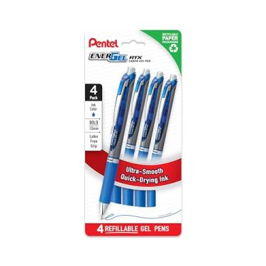 Imagem de Pentel Canetas de gel líquido EnerGel RTX em negrito (1,0 mm), tinta azul, sem plástico, pacote com 4 (BL80PF4C)