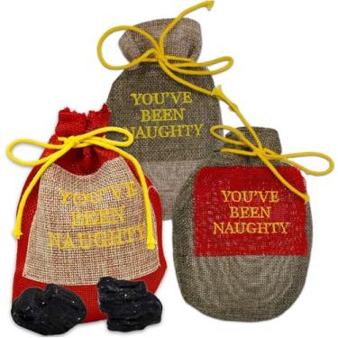 Imagem de Saco de Natal de carvão em sacos de cordão You've Been Naughty for Holiday Santa meia Stuffer, 3 sacos (cada um contém 2 peças de falso pedaço de carvão) Ótimo presente secreto de Papai Noel ou