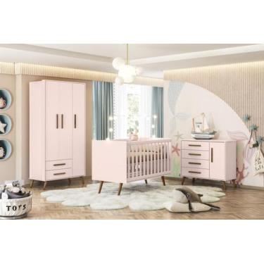 Imagem de Quarto De Bebê Completo Retrô 3 Peças Berço, Guarda-Roupa, Cômoda Rosa