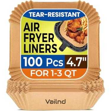 Imagem de Forros de fritadeira a ar pequenos descartáveis, papel manteiga de 2 litros para fritadeira a ar COSORI 2,1 Qt, 100 peças, folhas de papel quadrado de 12 cm para mini cesta de airfryer