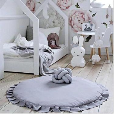 Imagem de Apioiqa Tapete redondo de algodão para berçário, tapete de engatinhar, cobertor de jogo para decoração de quarto infantil, tapetes de brinquedo com babados, tapete redondo para atividades infantis