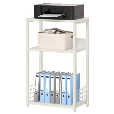 Imagem de LELELINKY Mesa lateral branca, suporte pequeno para impressora com prateleira de armazenamento, mesas de cabeceira industriais de 3 níveis, suporte para toca-discos de vinil, suportes modernos de sofá