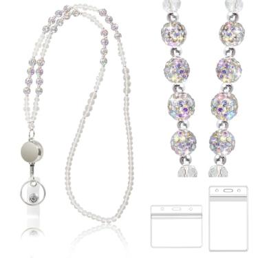 Imagem de VIQWYIC Cordão retrátil com contas brilhantes para mulheres, ideal para crachás e chaves, cordão de contas de strass de cristal com carretel de crachá e suporte de identificação para professores
