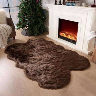 Imagem de CKLZSAY Tapete luxuoso macio e macio de luxo de pele de carneiro tapete de pele de carneiro para casa tapetes de decoração para quarto sala de estar capa de sofá almofada de cabeceira tapete felpudo em forma de pele de carneiro (café, 1,2 x 1,8 m pele de carneiro)
