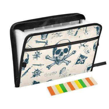 Imagem de CEBUGI Pasta expansível de 13 bolsos, impermeável, sanfonada, organizador de arquivos com etiquetas tamanho A4, organizador de documentos de papel para escola, material de escritório, crânio vintage
