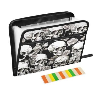 Imagem de Wassud Acordeão rosa crânio branco organizador de arquivos carta a4 pastas de arquivo de papel organizador de documentos fólio com etiquetas pasta de arquivo expansível 13 bolsos