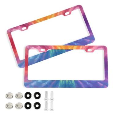 Imagem de CEBUGI Pacote com 2 molduras de placa de carro de alumínio capas de moldura de placa de carro com 2 furos coloridos tie-dye acessórios automotivos para placas dianteiras e traseiras orifício elíptico